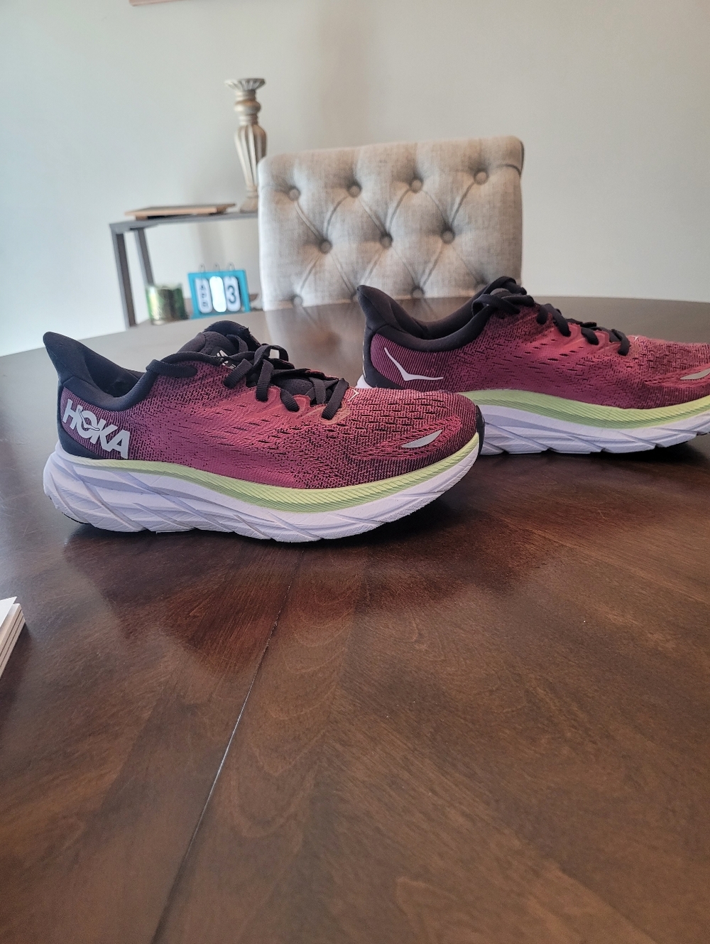 Hoka One Women's Athletic Running Shoes - Burgundy with Lime and Black Size 7